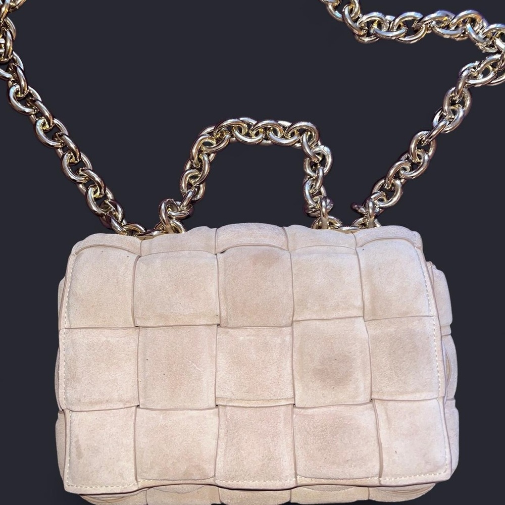 Cream and Gold Suede Quilted Crossbody Bag with Chain Strap